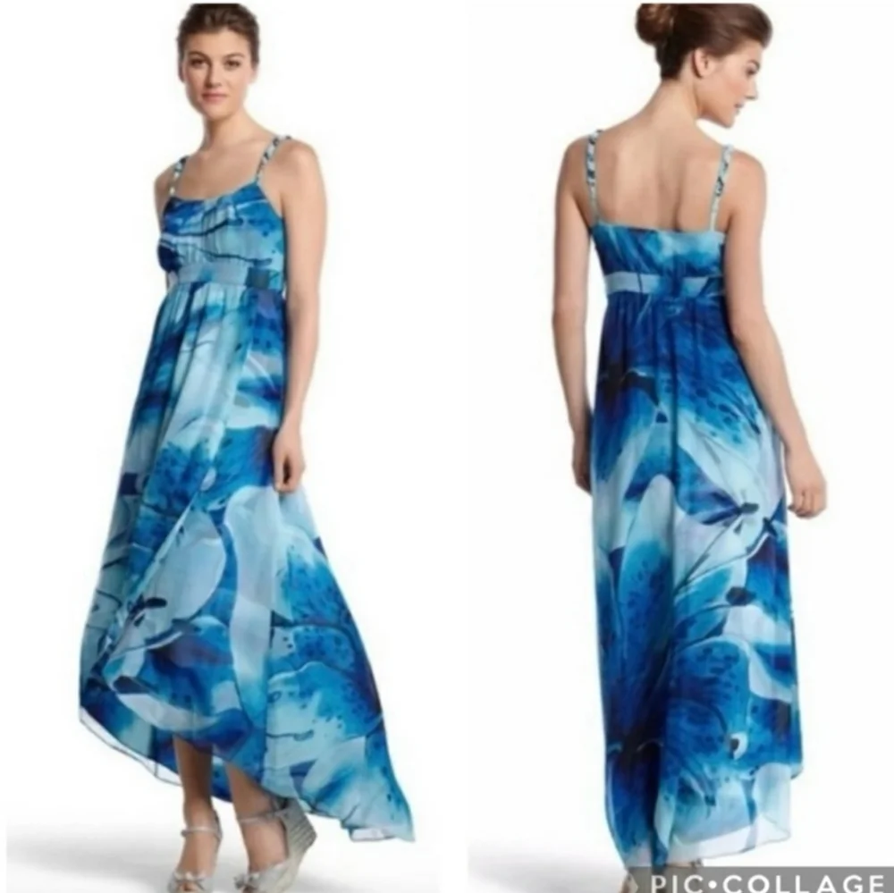 Coastal Resort Blue Floral Empire Waist High Low Dress Sz 6 Mermaid Ethereal - Picture 2 of 14